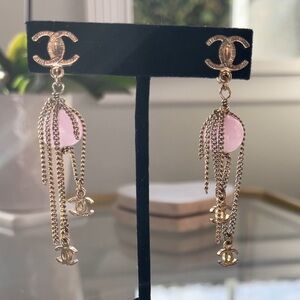 CHANEL 09A Pink Gold CC Chain Drop Clip On Earrings